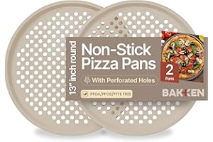 Bakken Pizza Baking Pan - Round Perforated Carbon Steel Pan with Non-Stick Marble Coating, Oversized Silicone Handle, Dishwas