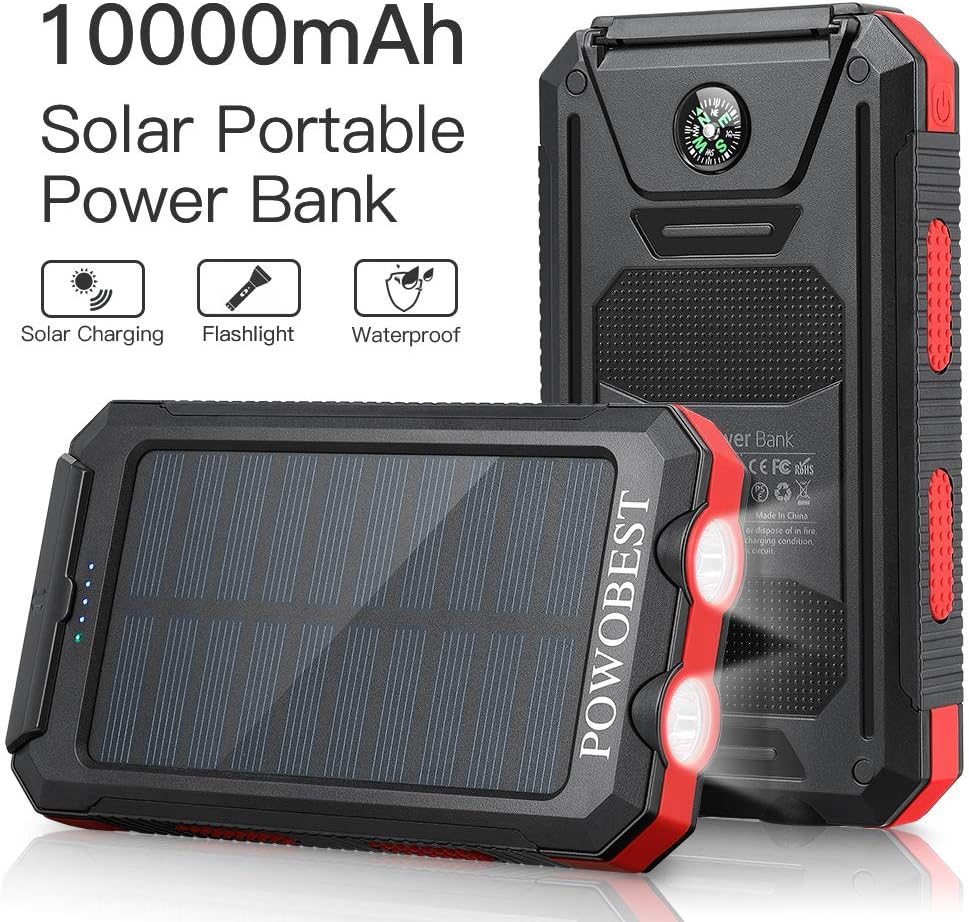 Solar Cell Phone Charger 10000mAh, POWOBEST Waterproof Solar Power Bank with Dual USB, External Backup Battery Pack for Smartphones, Portable Solar Panels with Flashlight & Compass: Home Audio & Theater