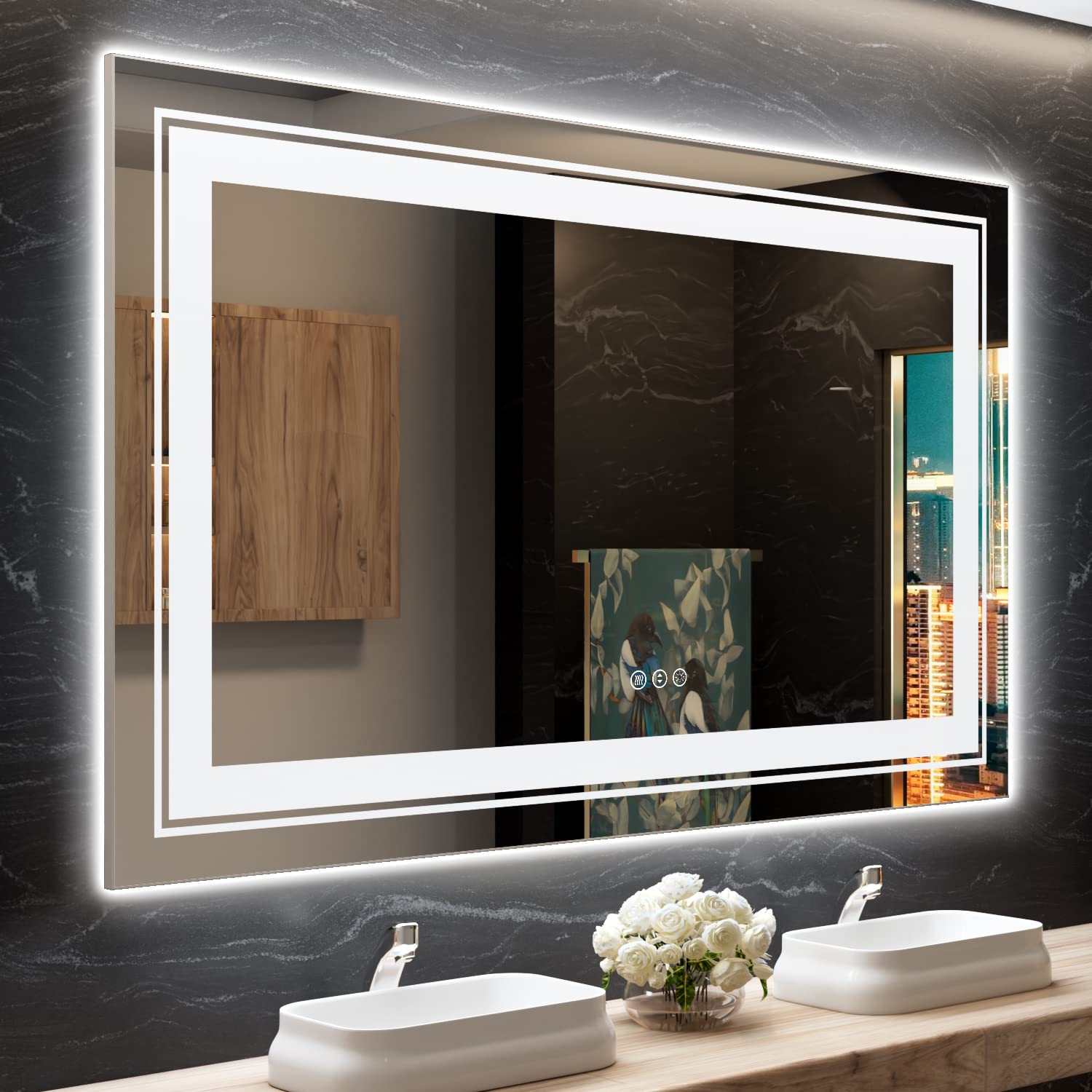 Photo 1 of Snowdool LED Bathroom Mirror, 60"X36" with Front and Backlit, Anti-Fog, Large Bathroom Vanity Mirror for Wall, Memory Function, Stepless Dimmable, Tempered Glass (Horizontal/Vertical)