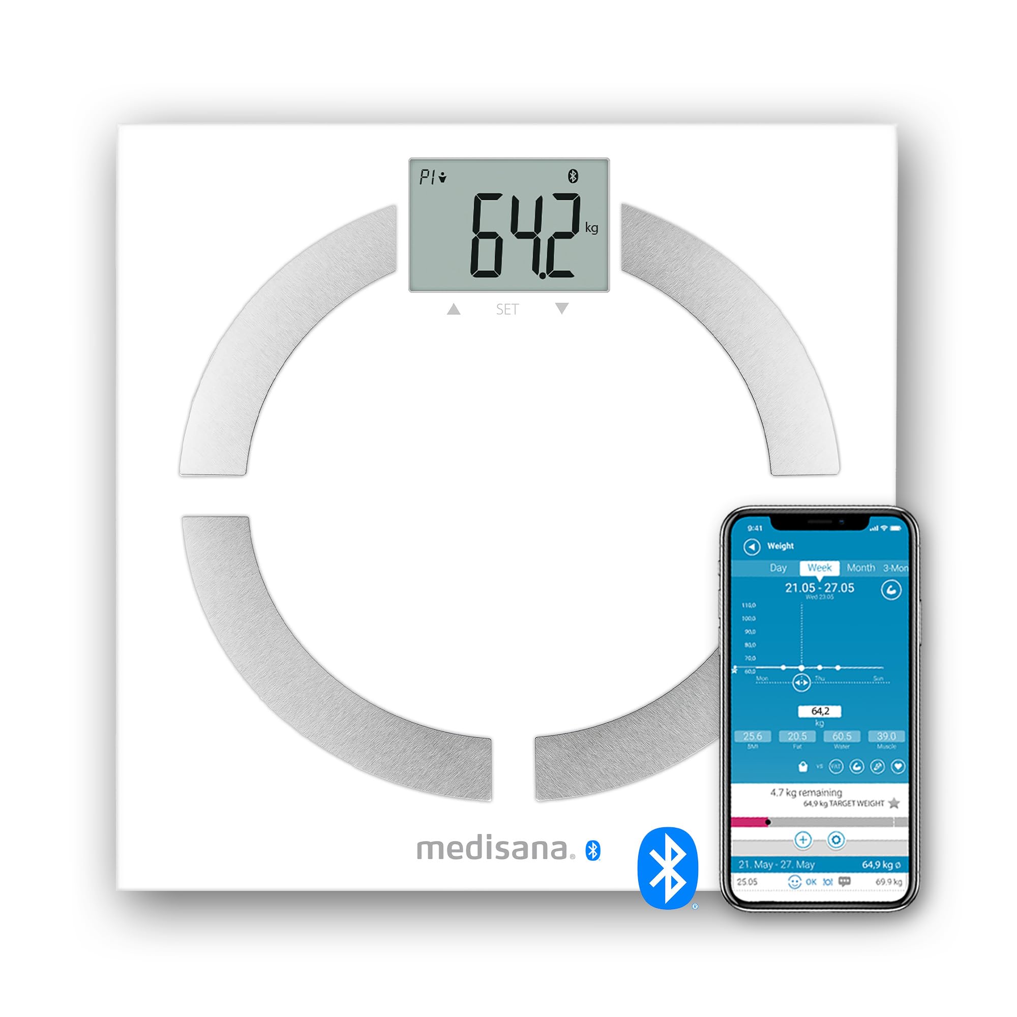 Medisana BS 444 connect Body analysis scale, Digital Bathroom Scales with Body Fat, Muscle and Bone Mass Analysis, BMI and BMR Calculator, Automatic Recognition for 8 Users, Bluetooth to VitaDock App