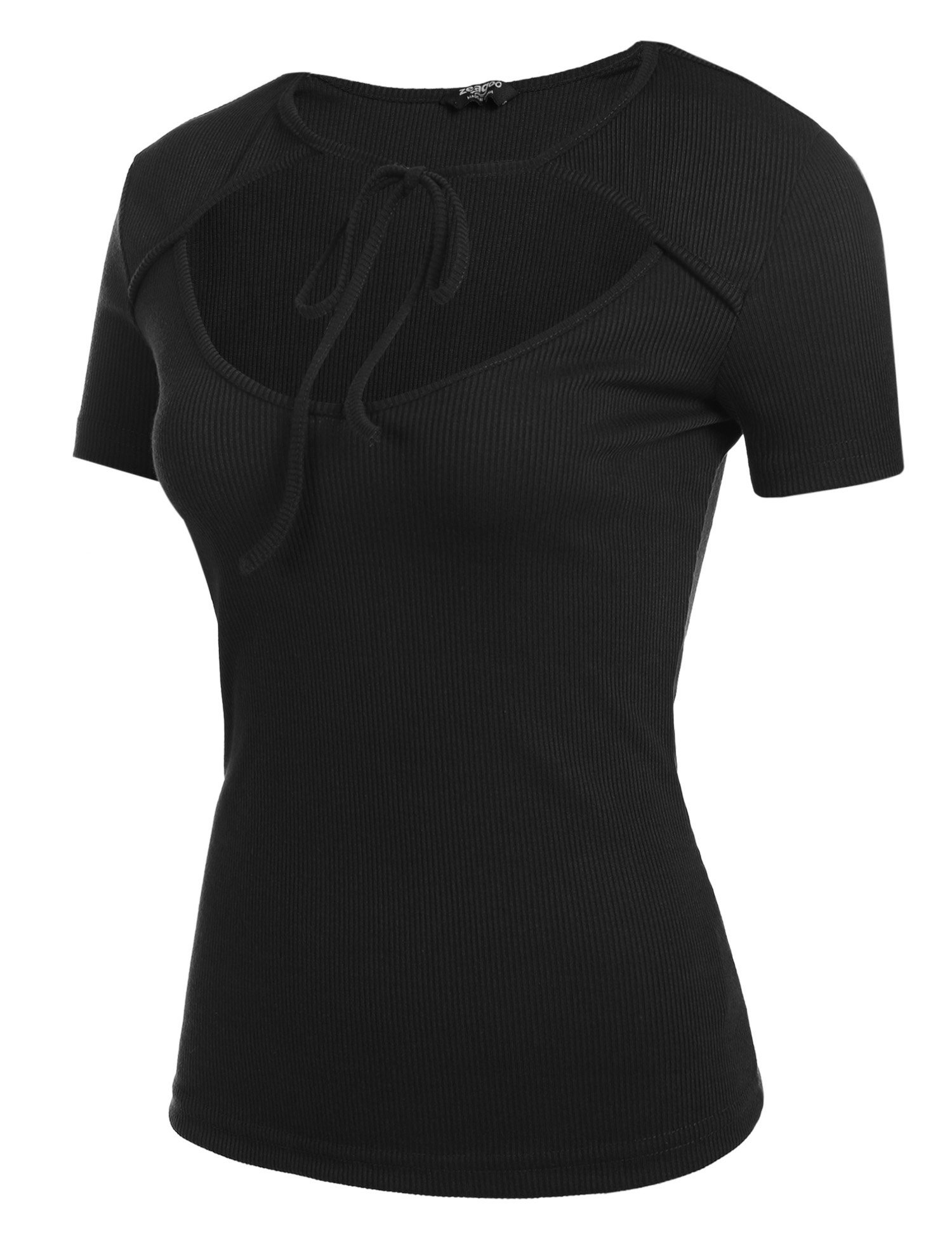 Zeagoo Women\'s Hollow Out Lace up Loose Knitted T-Shirts Tunic Top Black Large