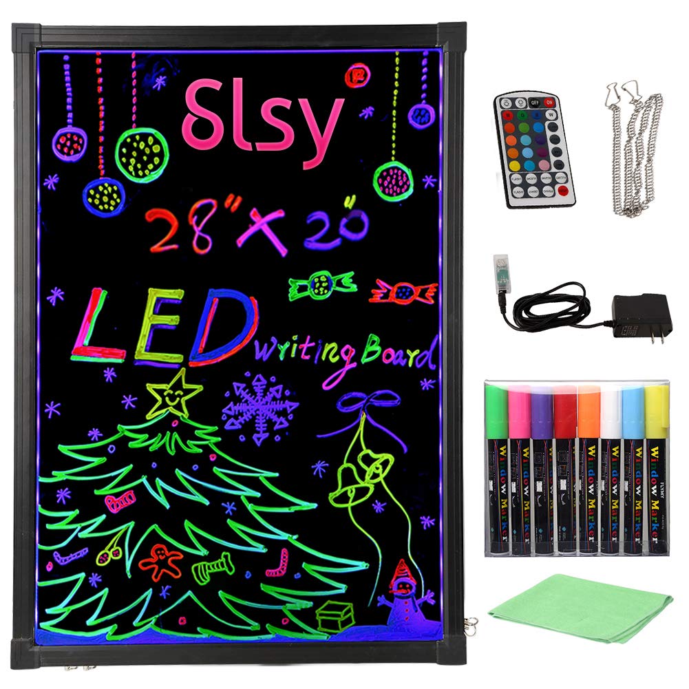 Slsy Illuminated LED Message Writing Board Erasable Neon Effect Menu Sign Board with 8 Fluorescent Makers,12Colors Flashing Modes,Remote Control Message Board (20"X28")