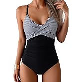 B2prity Women's One Piece Swimsuits Tummy Control Front Cross Bathing Suits Tie Back Slimming V Neck Swimwear