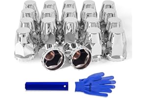 HQALTY 20Pcs Lug Nut Covers 33mm Flat Top Thread-on Nut Covers for Semi Trucks ABS Chrome Plastic Nut Covers with 1 Pair of Gloves and 1 Cover Puller
