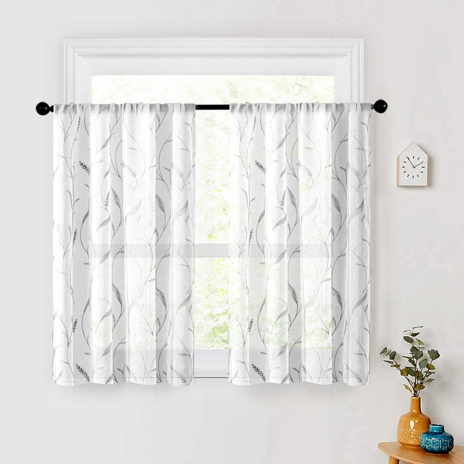 MRTREES Sheer Curtains 36 inches Long Kitchen Tiers Leaves Embroidered