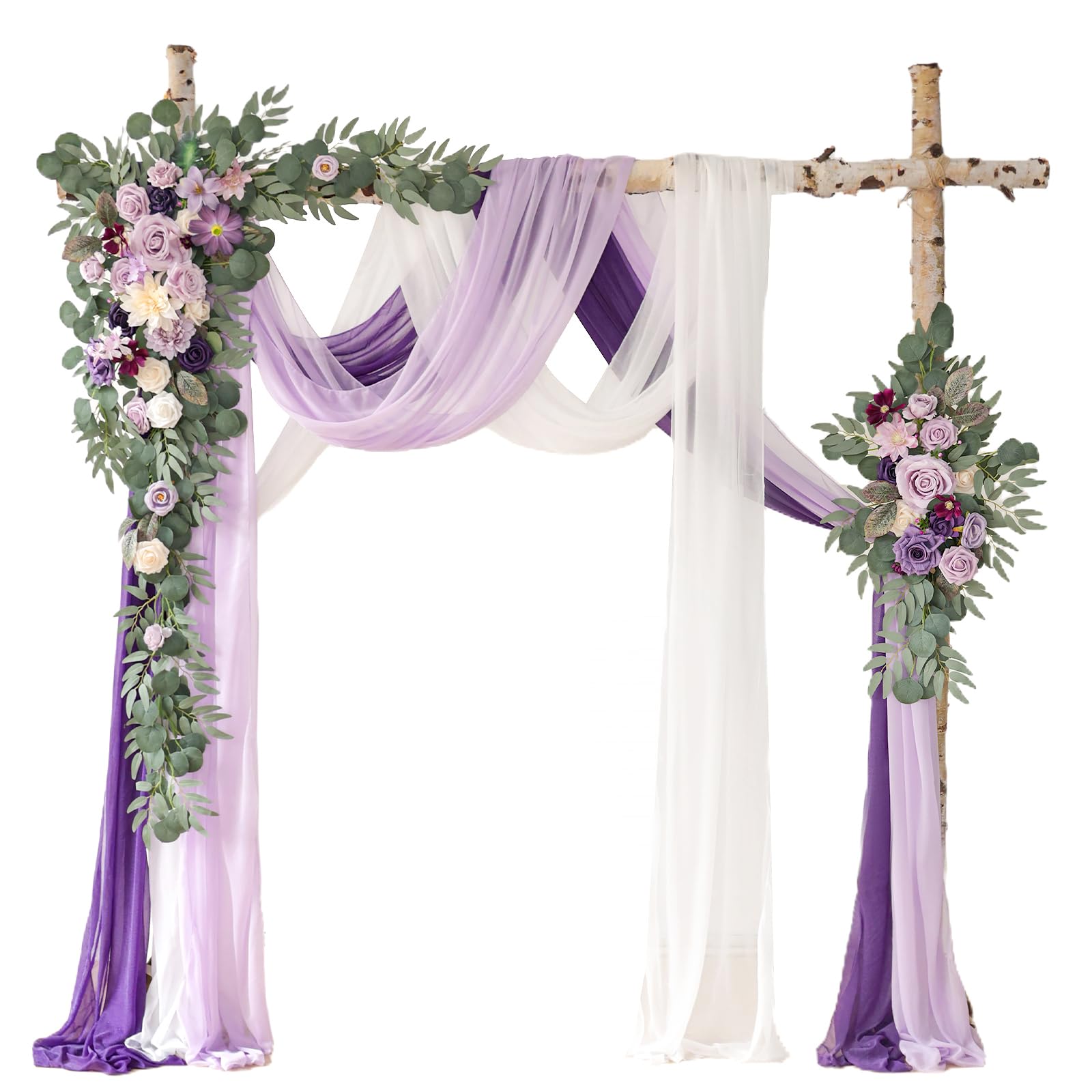 Photo 1 of WEIERYUE Deluxe Purple Artificial Wedding Arch Flowers with Drapes Kit-Pack of 5, 2pcs Flower Arrangements 3pcs Hanging Sheer Drapes Blue Ceremony Arbor Reception Backdrop Rose Floral Decorations.