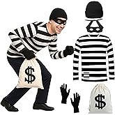 Halloween Robber Costume Set T-Shirt Cap Money Bag Gloves and Eye Mask for Adults Halloween Cosplay Party Role-Playing