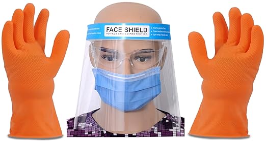 MWG Exports Co Single Person Safety Protective Combo Pack Kit with 10 Pieces 3'ply Facemask + 1 Faceshield + 1 Pair Rubber Gloves + 1 Safety Goggles for Personal Use