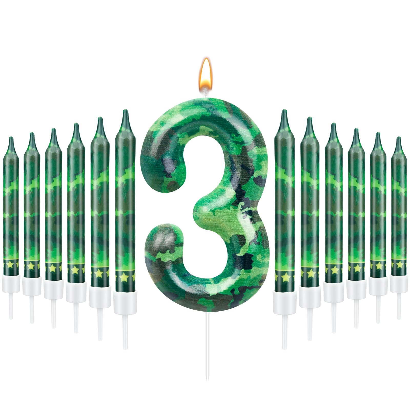 Photo 1 of 13 Pcs Camo Themed Birthday Candles 12 Army Themed Birthday Cake Candles and Number 3 Candle Cake Topper for Birthday Camouflage Motif Party Hunting Themed Party Decoration Supplies (Number 3) ** 3 pack****