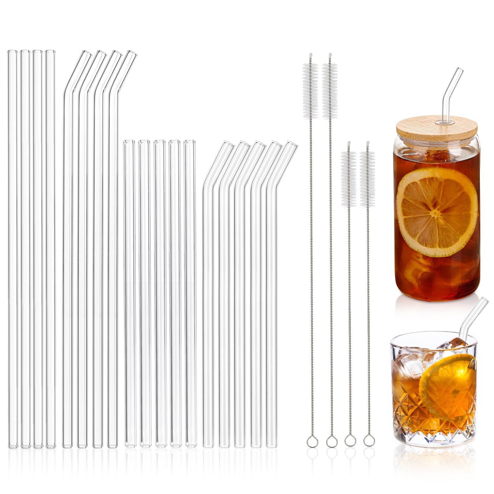Photo 1 of [22 Pcs] Clear Glass Straws Shatter Resistant - Size 9"x10mm,6"x10mm Including 9 Straight and 9 Bent Reusable Drinking Straws with 4 Cleaning Brush for Cocktail,Coffee,Juice,Tea