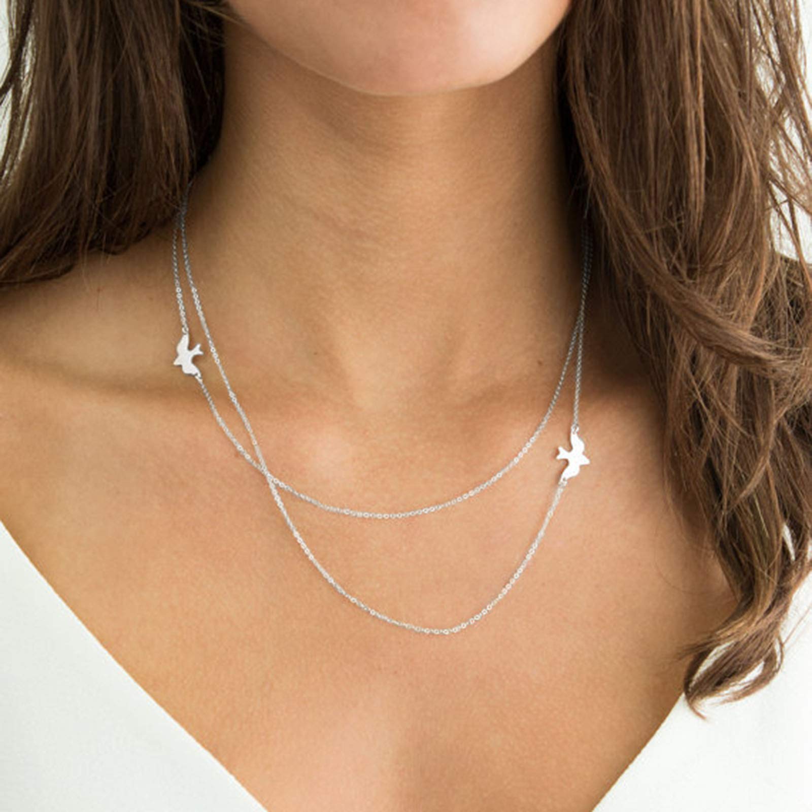 Yienate Fashion Layered Necklace Peace Dove Necklace Jewelry for Women and Girls (Silver)