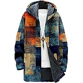 MARSVOVO Retro Patchwork Long Hooded Cardigan for Men Casual Stylish Fleece Lined Zip Up Hoodies Spring Fall Warm Jacket