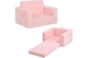Welnow Toddler Chair, 2-in-1 Soft Sherpa Kids Sofa, Convertible Toddler Couch Lounger, Flip Out Kids Couch Chair with Side Pockets & Removable Cover for Girls and Boys, Pink