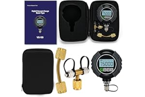 GELRIUNY Upgrade Digital Vacuum Gauge, HVAC Micron Gauge Tester, HVAC Vacuum Pressure Gauge, 0-75,000 Microns, 7/16-20 UNF, with User-Set Audible Alarm Value, 1/4" SAE Extension Connector and T-Type Connector