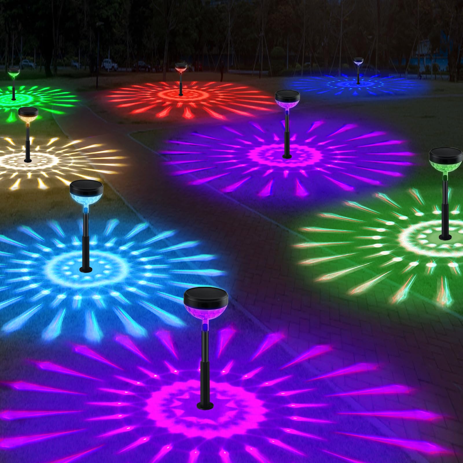 Photo 1 of Solar Pathway Lights 8 Pack, Color Changing & 8 Fixed Colors (Warm White/Cool White/RGB Colored) Solar Lights Outdoor Waterproof, Bright Solar Powered Garden Light for Walkway Backyard Landscape Decor