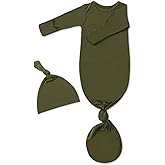 Baby Knotted Gown with Hat Set for Newborn Boy Girl, Ultra Soft Tie Gown with Mitten, Long Sleeve Infant Sleeper 0-3 M