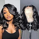 Devonia 14 Inch Bob Wig Human Hair 13x4 Body Wave Lace Front Wigs Human Hair Pre Plucked HD Frontal Lace Wig 180 Density Glueless Wigs for Women Bob Wigs Natural Black Color