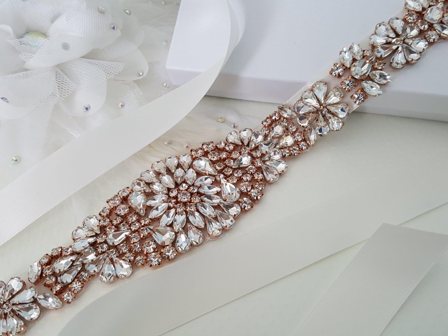 Rhinestone Belts with Rose Gold Metal Base Crystal Rhinestones-Wedding Belt Sash