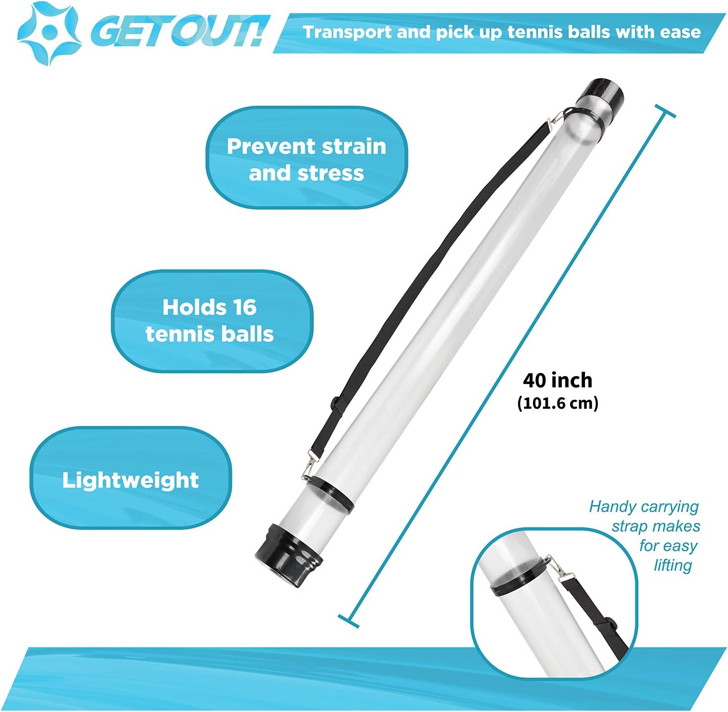 Get Out! Tennis Ball Hopper Tube for 16 Balls - Tennis Ball Pickup Collector Sports Ball Retriever Carrier - 40in, Black : Sports & Outdoors