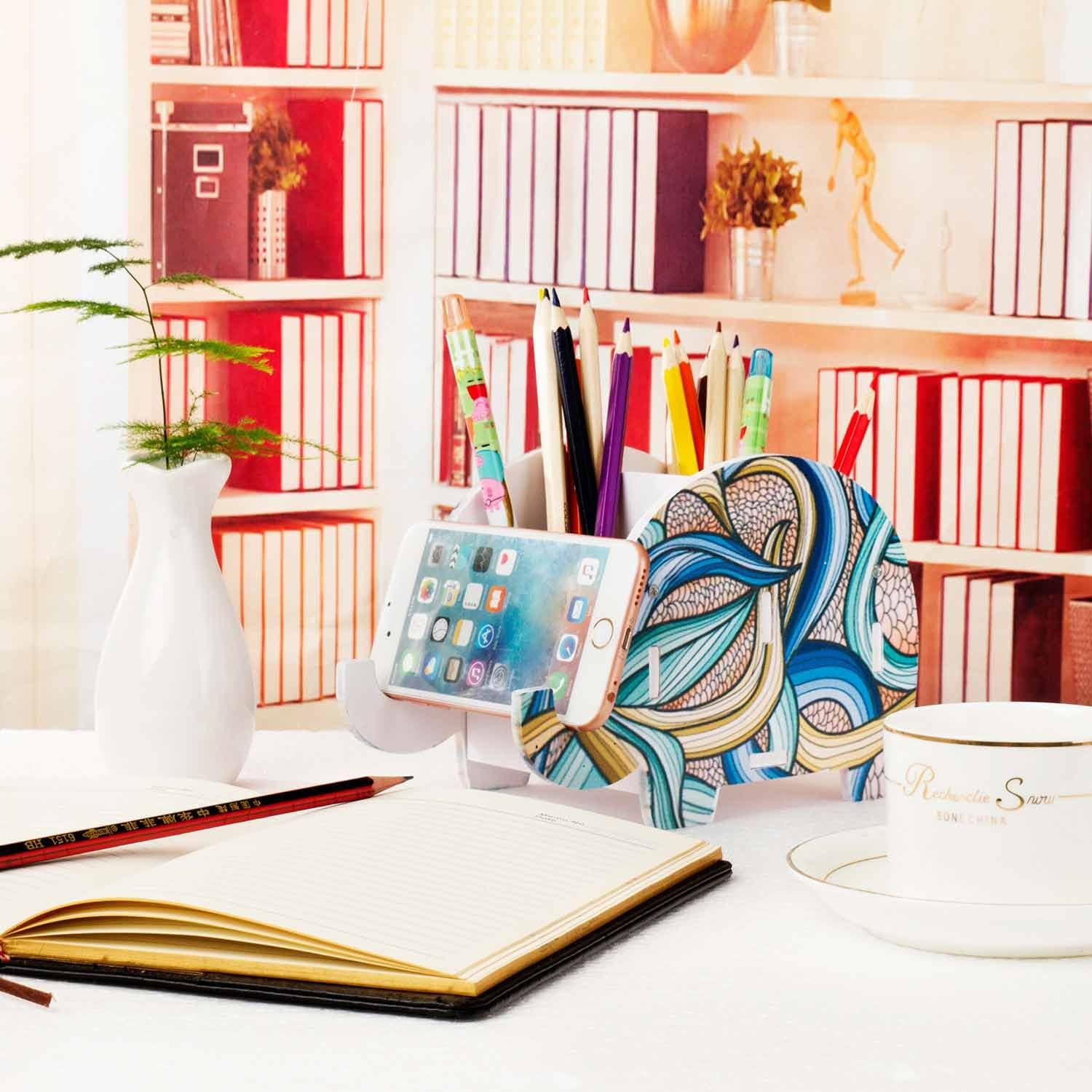COOLBROS Elephant Pencil Holder With Phone Holder Desk Organizer Desktop Pen Pencil Mobile Phone Bracket Stand Storage Pot Holder Container Stationery Box Organizer (Indian elephan) : Office Products