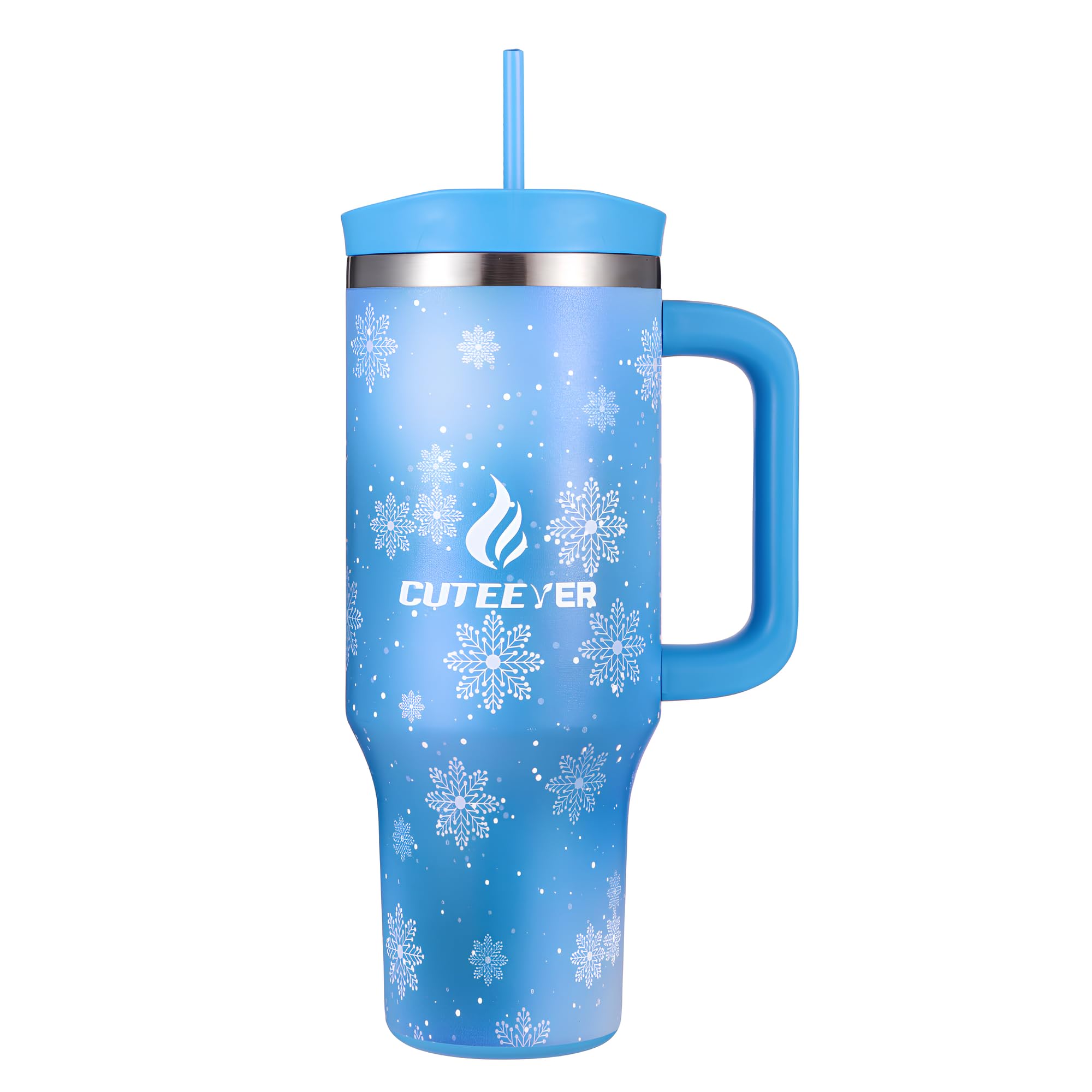 Photo 1 of Cuteever Stainless Steel Double-Walled Insulated Travel Tumbler Set with Spill Resistant Lid, Straws, Straw Toppers and Handle, BPA Free, 40 oz, Snowblue (Frozen)