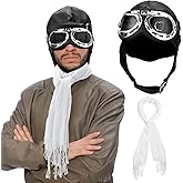 Jecery 3 Pcs Pilot Hat Pilot Goggles Cosplay Costume Set Military Hat Goggles with White Scarf for Men Women Adults Halloween Costume