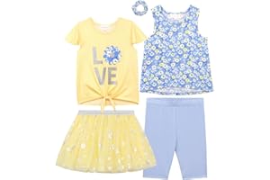 BTween Girls 4 Pack Floral Fashion Summer Clothes Set - Tutu Skirt Tank Top Short Sleeve and Biker Shorts
