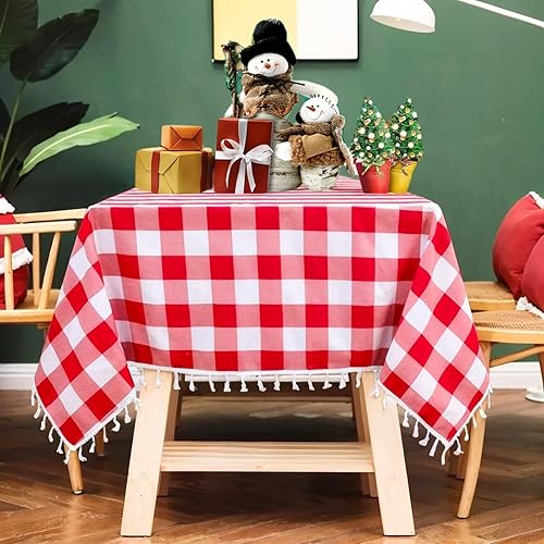 ShinyBeauty Red and White Checkered Tablecloth with Tassels 54 x 54 Inches Tablecloth Checkered Buffalo Plaid Tablecloths for Home Restaurant Party Buffet Picnic Square Table Cover Cotton Linen