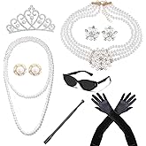 VZqola 8/9 pcs1920 Accessories Hepburn Costume fashion jewelry set Holly Golightly Costume Roaring 20s Accessories for Women Halloween Costume Pearl Necklace Earrings Gloves