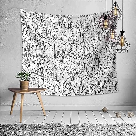 Amazon Co Jp 男性のためのかわいいタペストリーを落書きシンプルな黒と白の描画で混雑した都市生活描写寝室用の大きな建物のリビングルームの壁の装飾ブラックホワイト 150x130cm ホーム キッチン