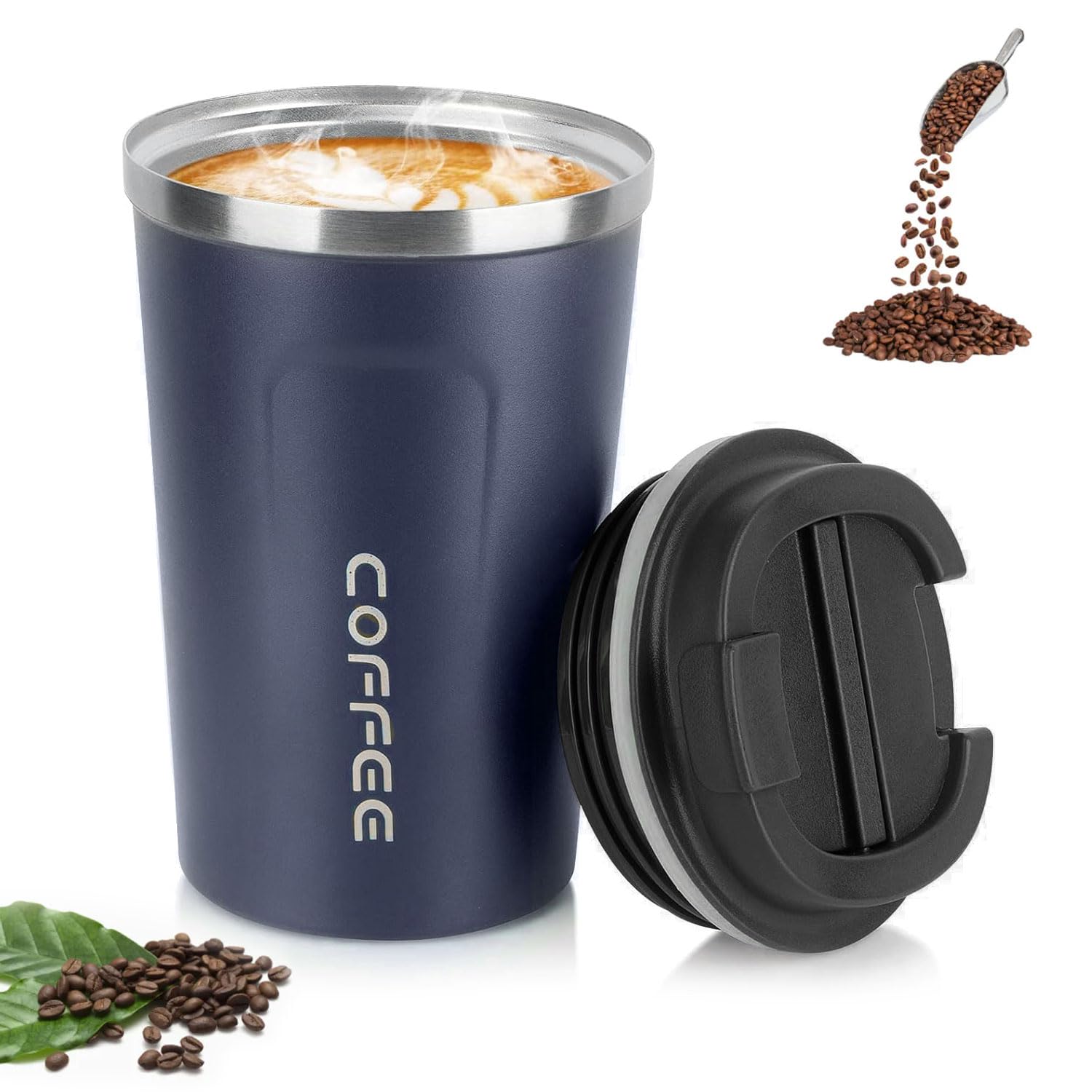 hzbaiyi Coffee Cup, 380ml Vacuum Insulated Travel Mug, Leakproof Double Wall Stainless Steel Reusable Coffee Cup with Lid for Hot & Cold Drinks (Dark Blue)