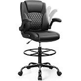 Drafting Chair, Tall Office Chair for Standing Desk, High Executive Leather Ergonomic Computer Chair with Adjustable Height and Flip-Up Armrest for Counter Height Desk, Black, Pack of 1