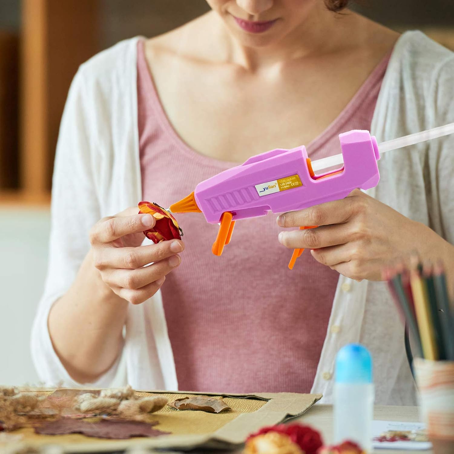 Liumai Mini Hot Glue Gun Kit with Glue Sticks (7.2" Long x 0.27" Diameter, 30 Count, Clear), Hot Melt Glue Gun & Case (8.4" x 6.3" x 2", Black) for Crafting, DIY, and Home Repair Pink