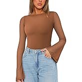REORIA Women's Trendy Sexy Boat Neck Bell Sleeve Sheer Mesh Going Out Bodysuit Tops