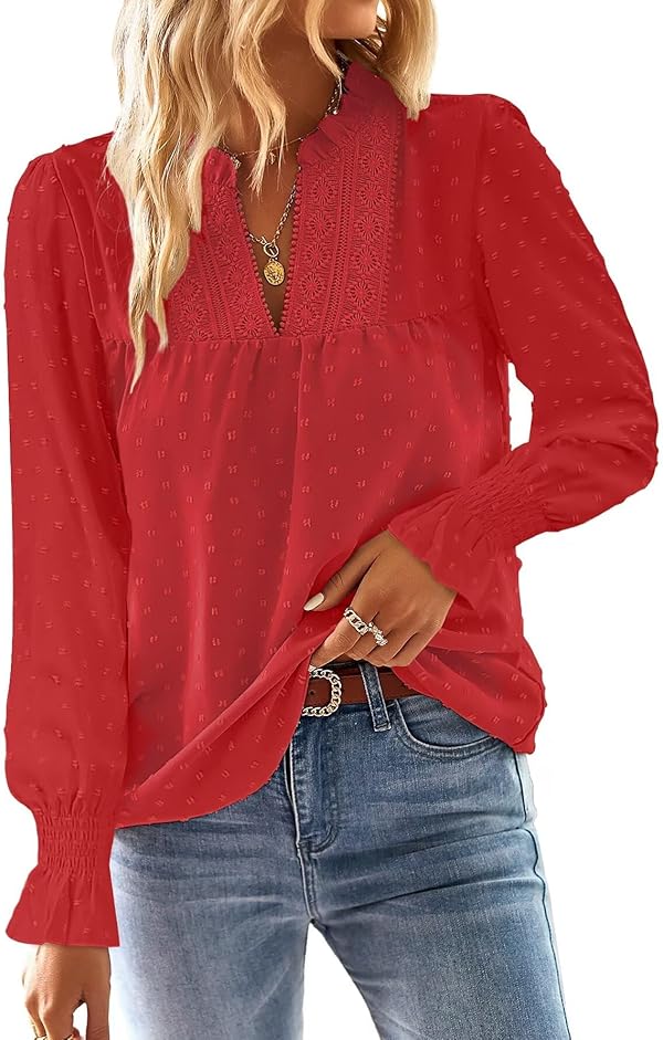 TUUHAW Langarmshirt Damen Herbst Boho Top Oberteile Fließend Elegant V-Ausschnitt T Shirt Süß Lässig Outfits Frühling Winter Longshirt Spitze Kleidung Paspel Volant