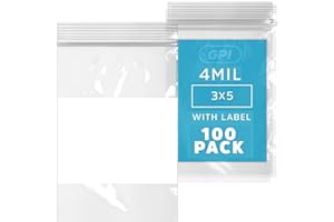 GPI - 3" x 5" - Bulk Pack of 100, 4 Mil Thick, Heavy Duty, Clear Plastic Reclosable Zip Bags, With Write-on White Block for Labeling, Strong & Durable Poly Baggies With Resealable Zipper Top Lock.