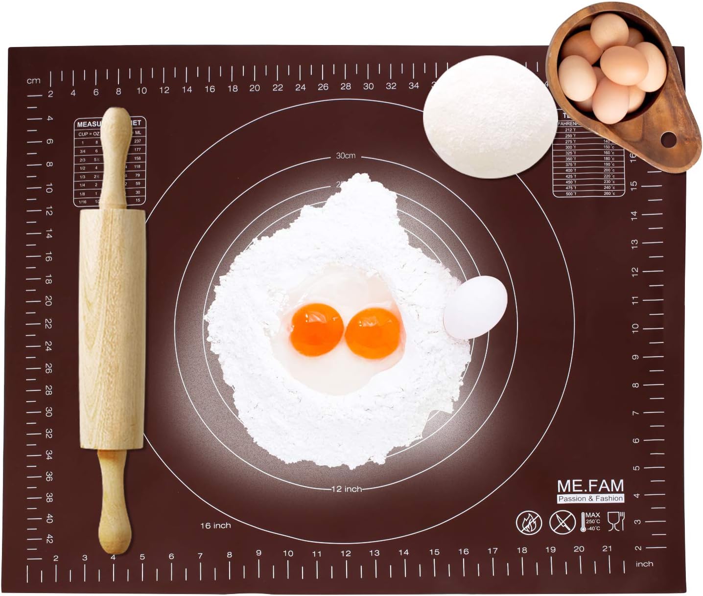 Silicone Pastry Mat for Pastry Rolling with Measurements, Heat Resistance Table Placemat Pad Pastry Board, Reusable Non-Stick Easy Clean Silicone Baking Mat for Cooking Enthusiasts (Coffee)