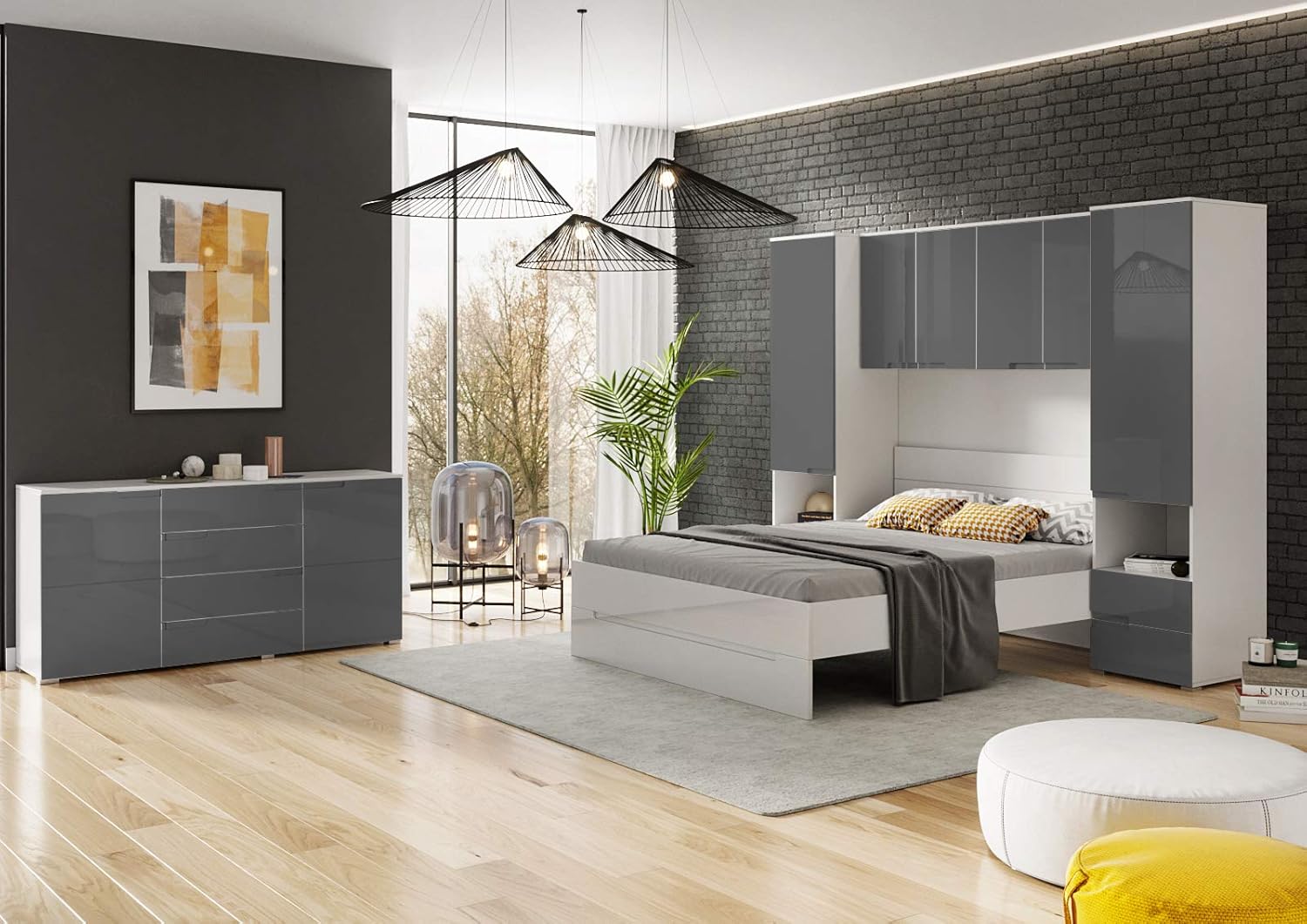 Cellini Grey Gloss And White Over Bed Storage Unit Wardrobes