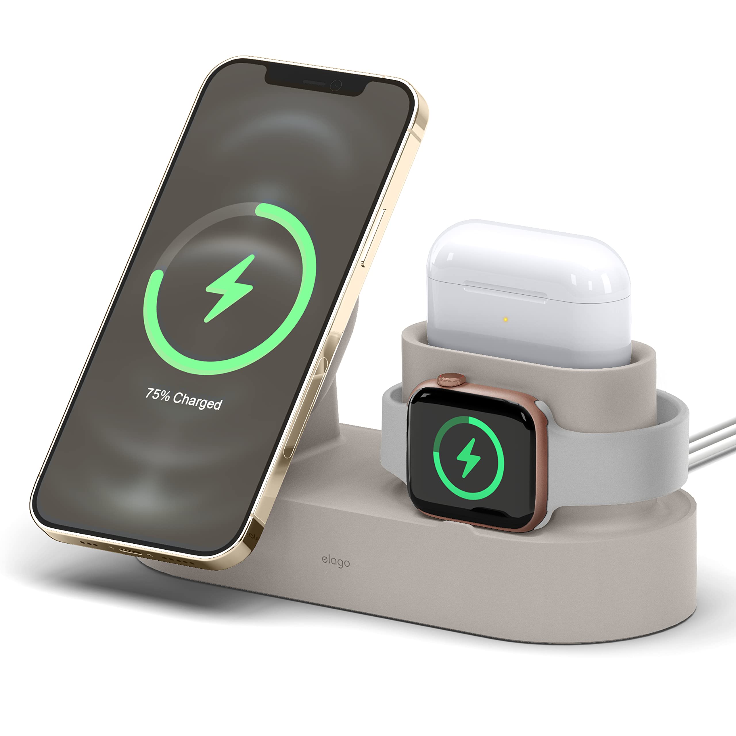 elago MS Charging Station 2 - Compatible with iPhone 17/16/15/14/13/12 Series, AirPods Pro 3, AirPods Pro 2, AirPods Pro, AirPods 4/3 and All Apple Watch Series [Charging Cables Not Included] (Stone)