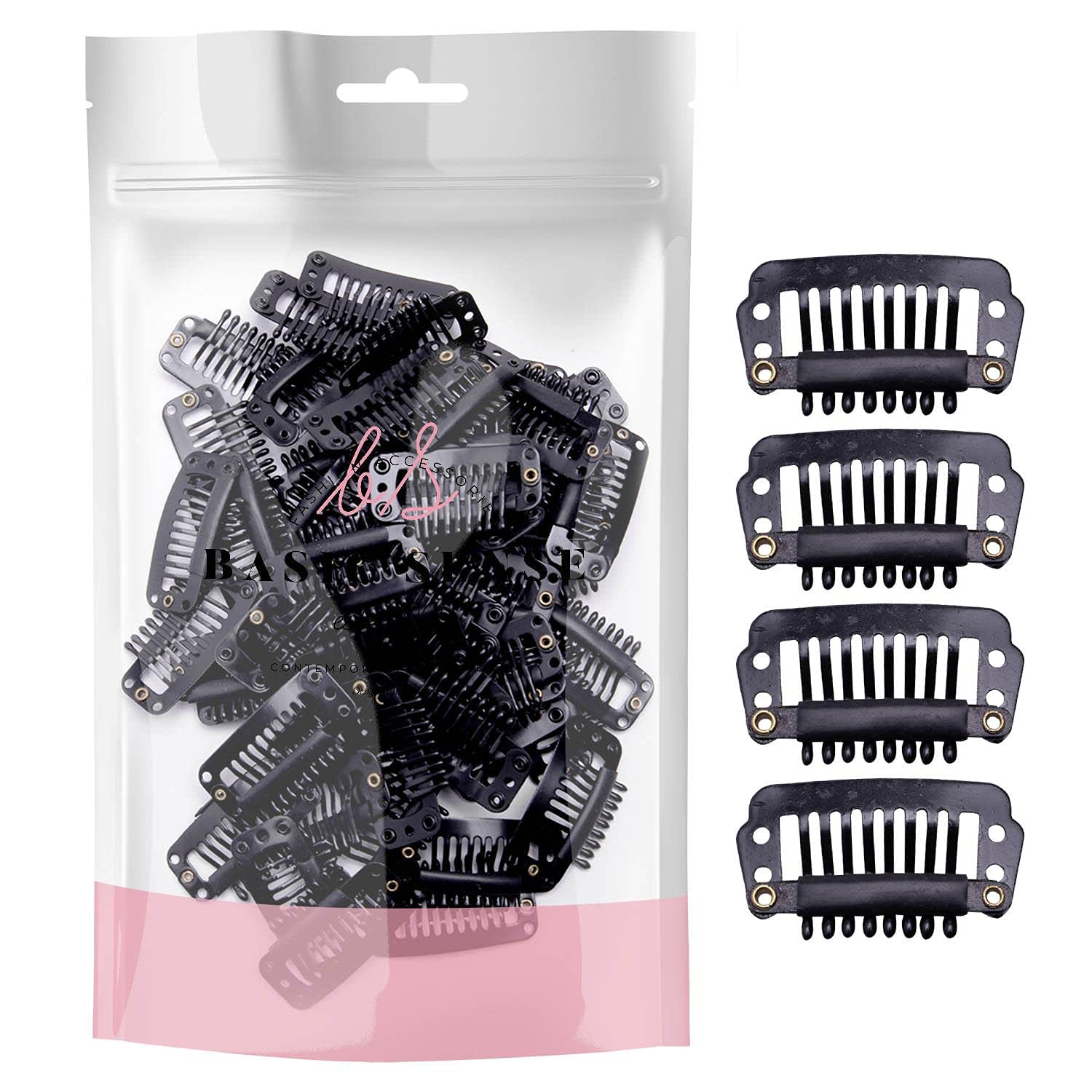 BasicSense 60 pcs Hair Extensions Strong Metal Snap Teeth Clips Hairpiece DIY Clip,Small Black
