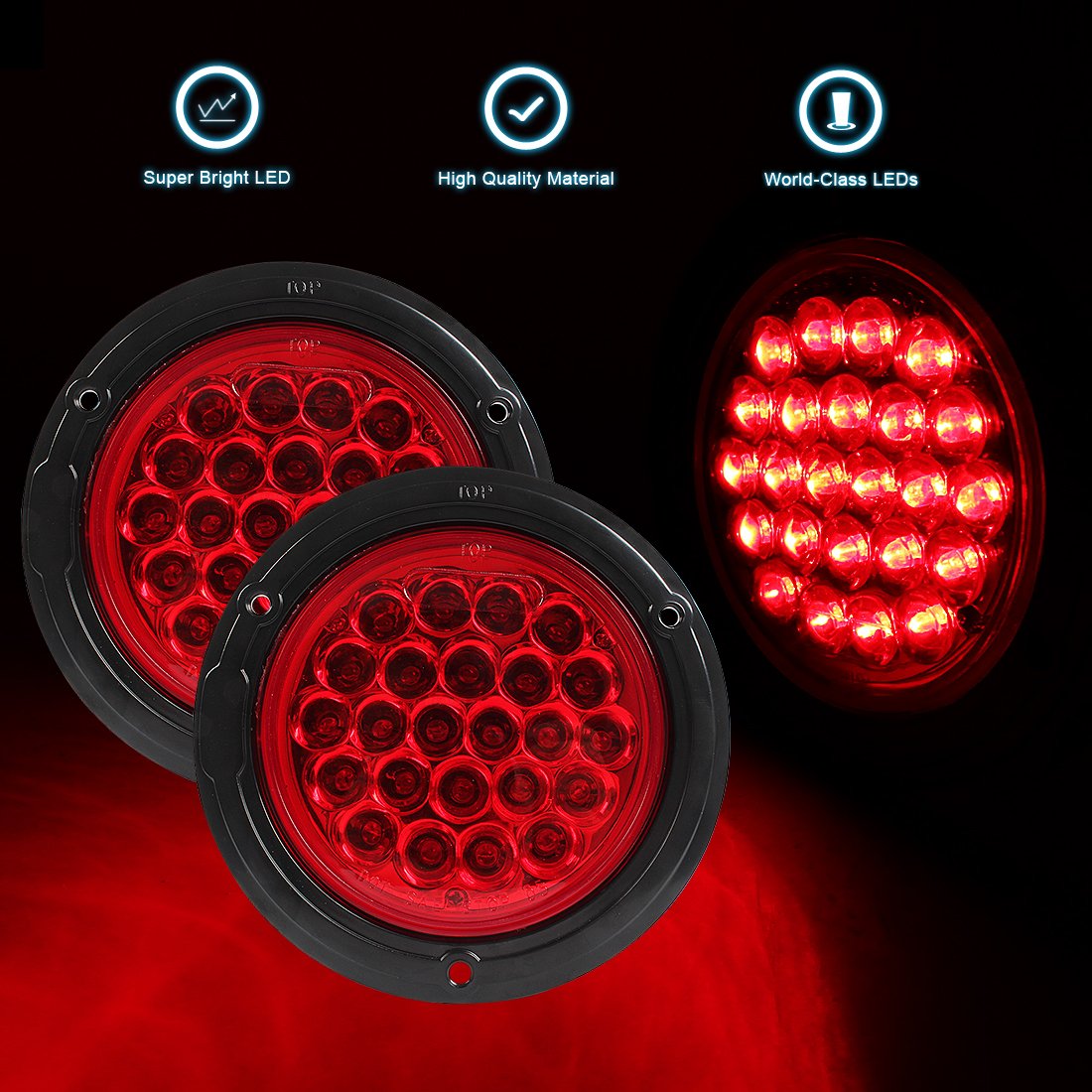 2pcs 4inch Led Round RED Trailer Tail Lights 24LED Turn Stop Brake deck for SUV truck