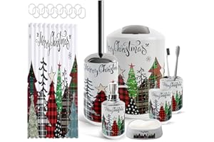Clara Clark Bathroom Set - Christmas Shower Curtain Set, 19PC Bathroom Accessories Set, Christmas Bathroom Decor, Xmas Bathroom Accessory Set, Soap Dispenser, Toilet Brush, & Trash Can