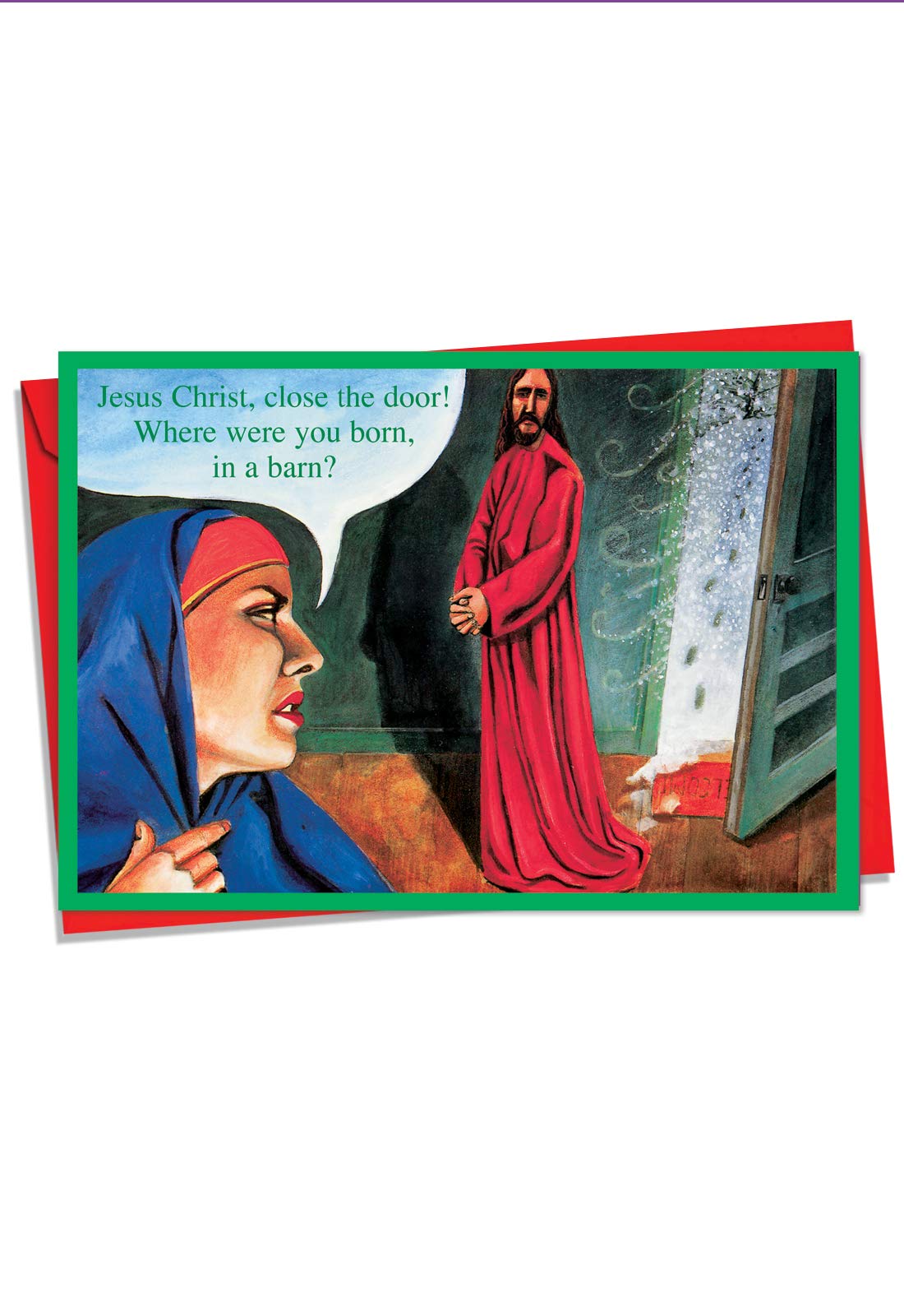 Born in A Barn - Funny Religious Season's Greetings Card with Envelope (4.63 x 6.75 Inch) - Hilarious Adult Christmas Cartoon of Jesus, Christian Happy Holidays Note Card - Xmas Gift 1382