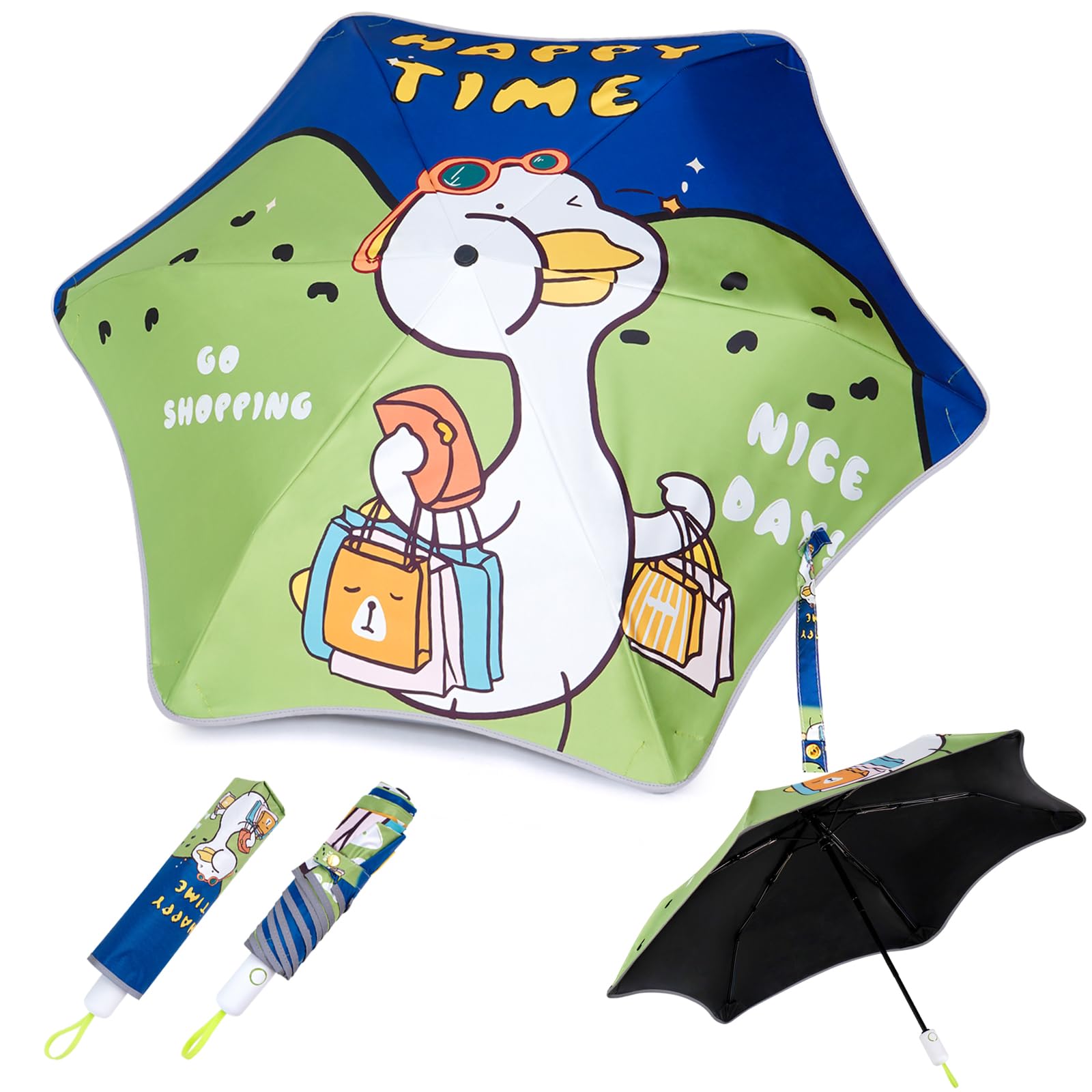 Photo 1 of leznazik Rounded Corner Folding Umbrella Anti-UV Compact Durable Umbrella Auto Open/Close Lightweight Backpack Cute Cartoon Umbrella for Girls & Boys (Shopping duck)