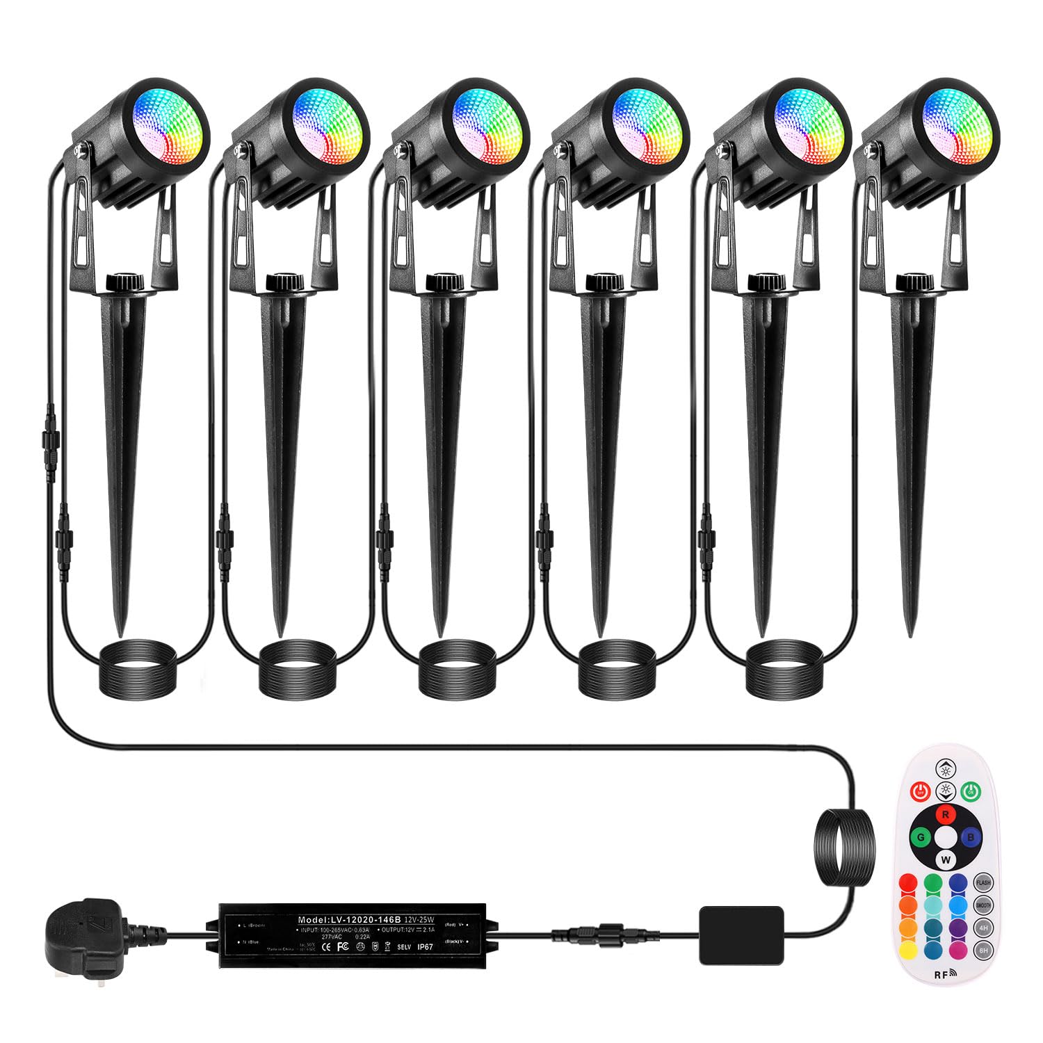 ECOWHO Garden Spot Lights Mains Color Changing Outdoor Spotlight Waterproof 20m Extendable Cable Xmas Landscape Lights Plug-in Outside 12v Timer Memory Remote(Wall/Spike Mounted, Cool White&RGB)