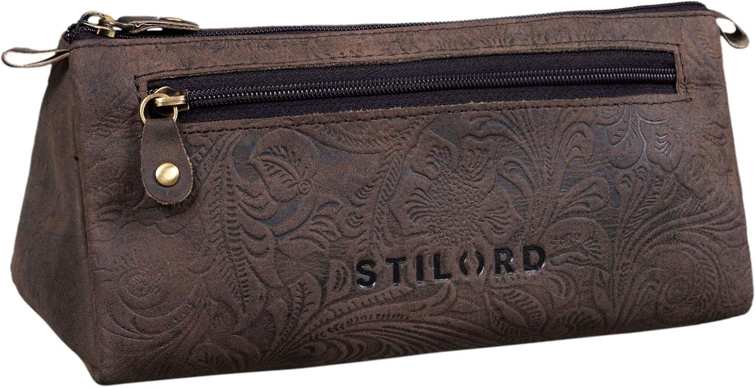 STILORD "Alexis" Leather Pencil Pouch Vintage Pen Case Holder with Zipper for Women Men for School Office in Genuine Leather Colour:Canyon