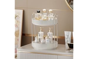 shuang qing Rotating Makeup Organizer for Vanity 2 Tier, High-Capacity Skincare Clear Make Up Storage Perfume Organizers Cosmetic Dresser Organizer Countertop 360 Spinning (Cream White)