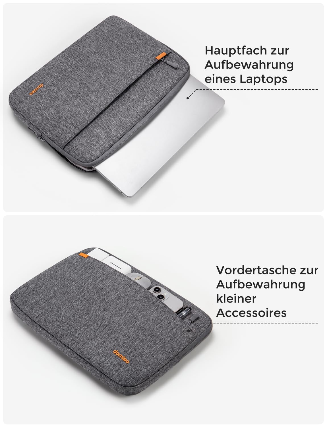 DOMISO 13 Zoll Laptoptasche Laptop Tasche Hülle Notebook Sleeve Case Bag Schutzhülle Kompatibel mit Mac Book Air 13 M4 M3 M2,MacBook Pro M2,ipad Air,Dell,Lenovo Laptophülle mit Zubehörtasche,Grey 5