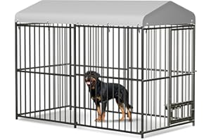 8×4×6FT Large Heavy Duty Outdoor Dog Kennel, Weatherproof Metal Dog Cage with Lock, Rotating Stainless Steel Feeding Bowl & W