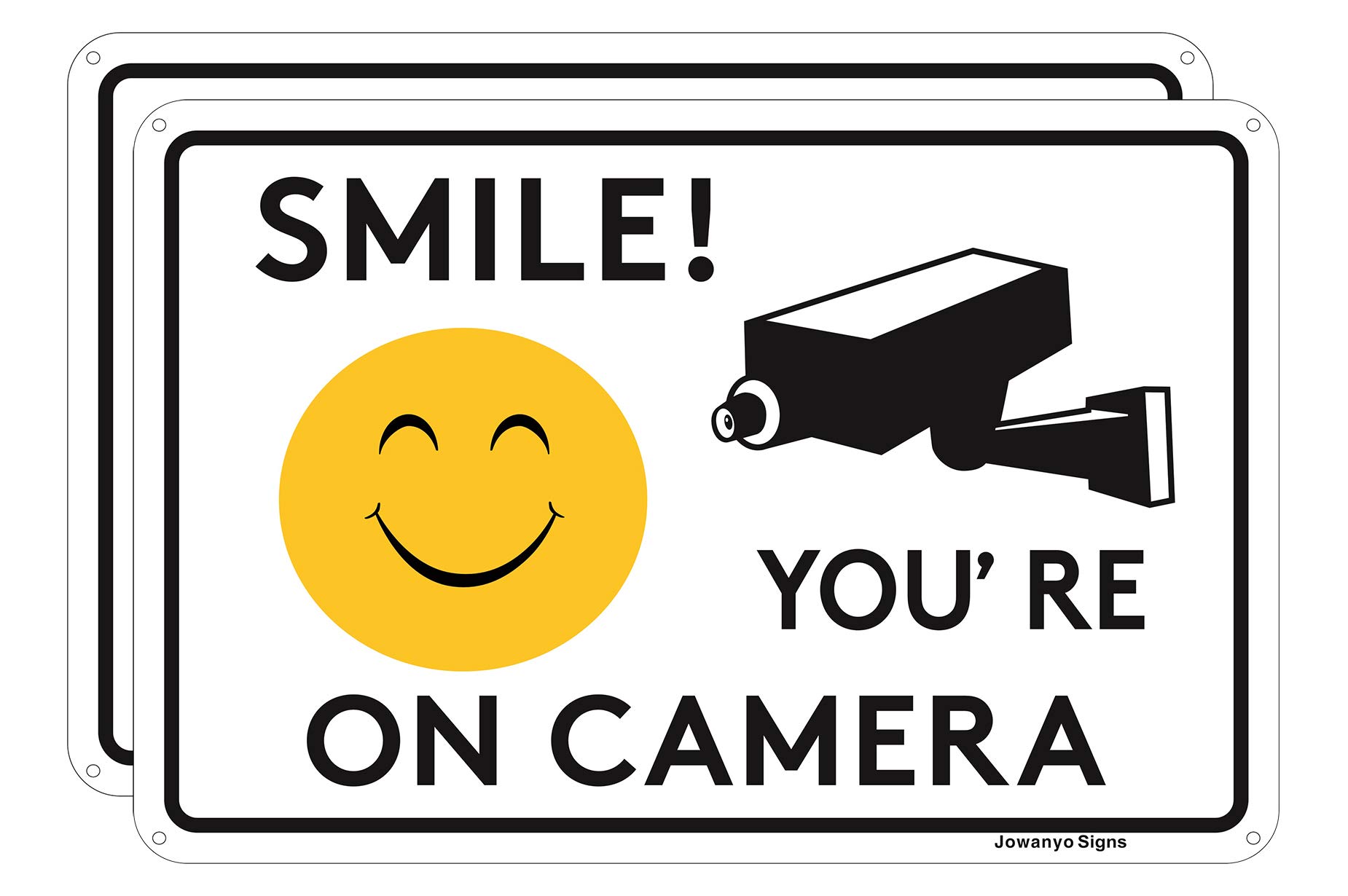 Jowanyo Smile You’re on Camera,Video Surveillance Sign,20 x 30 cm,Reflective Aluminum,Easy to Mount,UV Protected,Weather Resistant,Waterproof,Durable Ink,Outdoor or Indoor Use,2 Pack